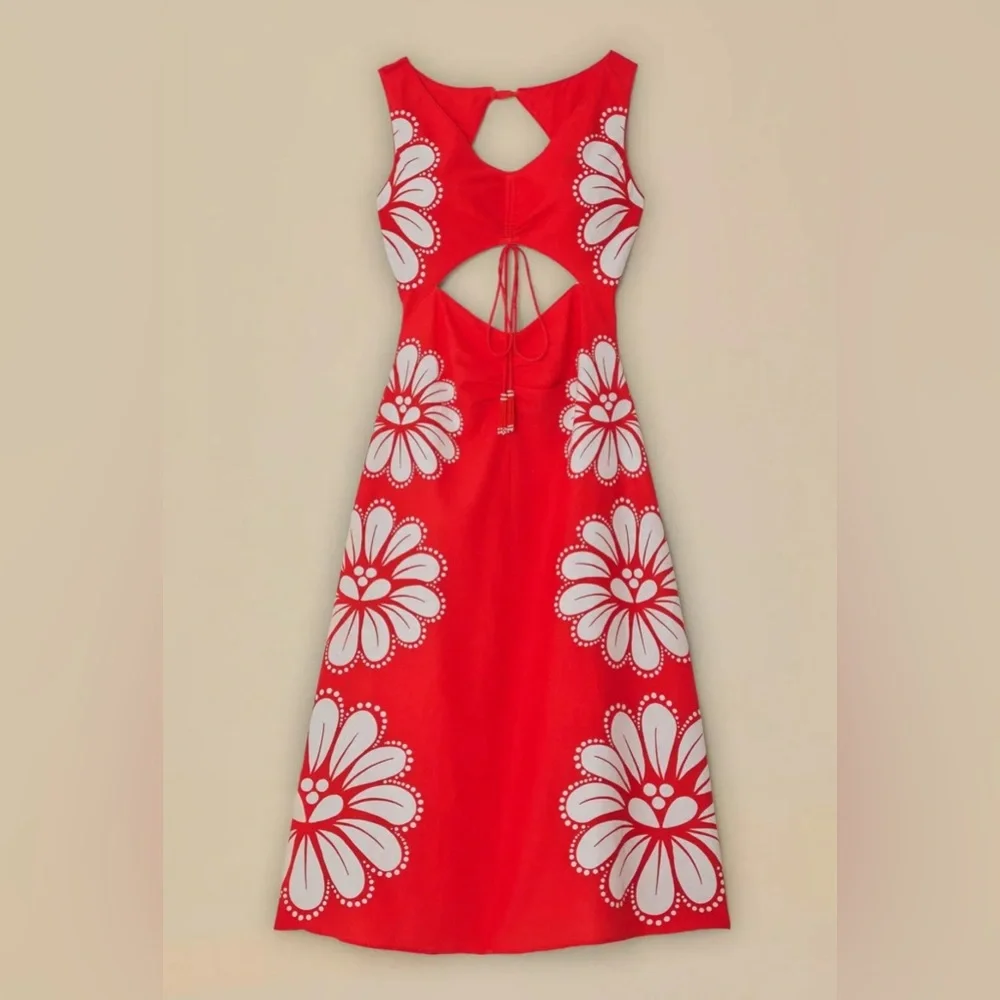 FARM RIO Red Ainika Shell Lenzing™ Ecovero™ Euroflax™ Midi Dress - Picture 4 of 8